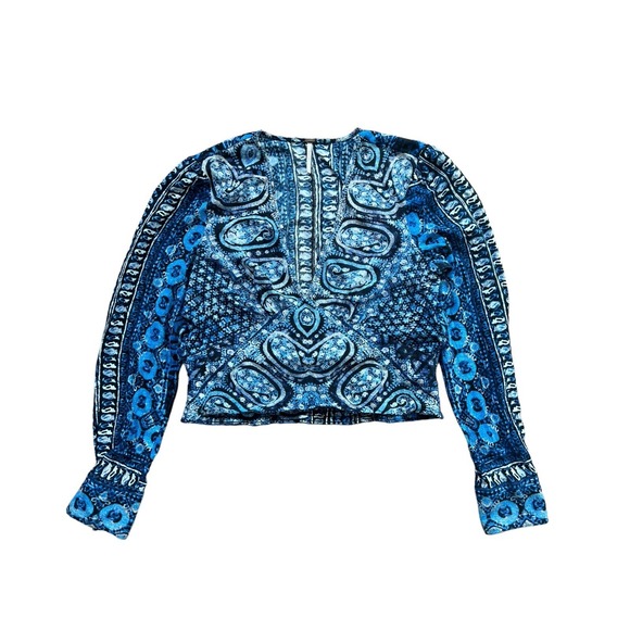 Free People Womens‎ Medium Blue Long Sleeve Deep V Neck Cropped Top - Picture 8 of 13